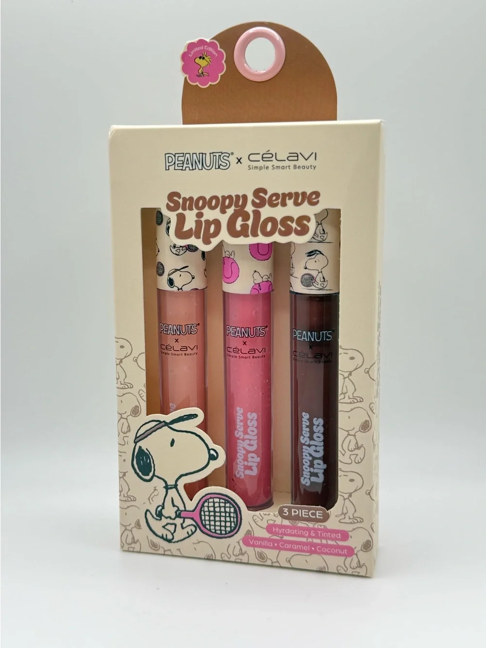 Peanuts x Célavi Snoopy Serve Lip Gloss Set 3 Piece Vanilla Caramel Coconut NWT